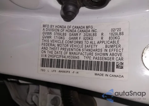 2020 Honda Civic Lx z USA, uszkodzony, nr VIN 2HGFC2F64LH539845